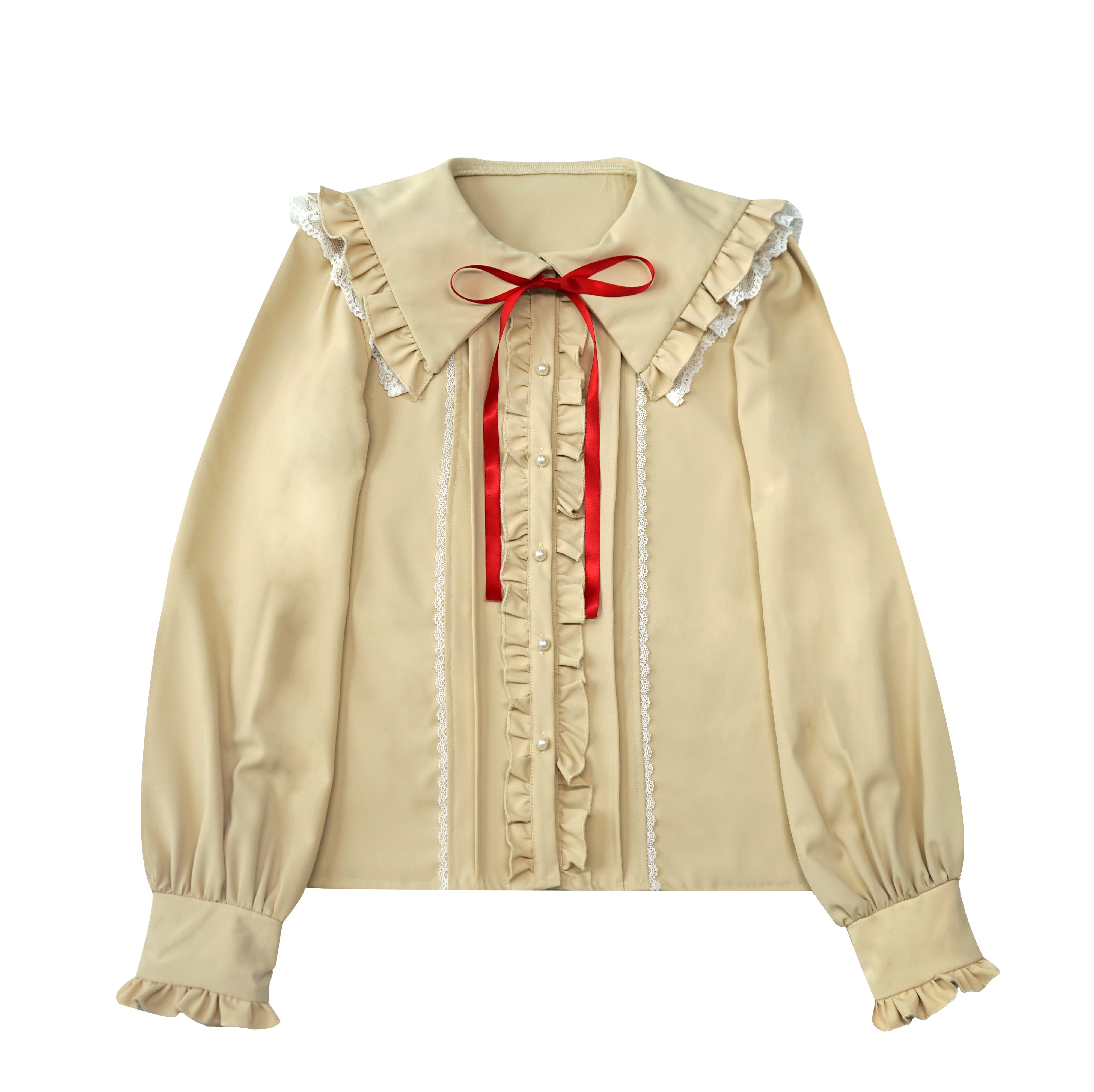 Beige ruffled blouse with red ribbon and lace doll collar vintage ruffle and pleated front